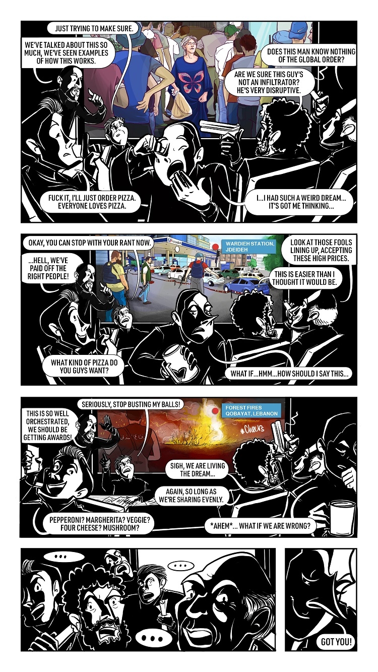 A comic strip split into five panels. The panels show bakery queues, gas station queues, and forest fires in the background, with politicians watching these scenes and plotting in the foreground.