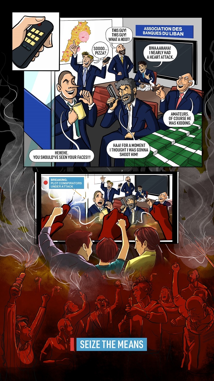 A comic strip split into two. The top shows politicians plotting and laughing at the misfortune of others. The bottom shows the same politicians, shocked, being watched on a TV screen by protestors with fireworks in hand who have seized the means of production.