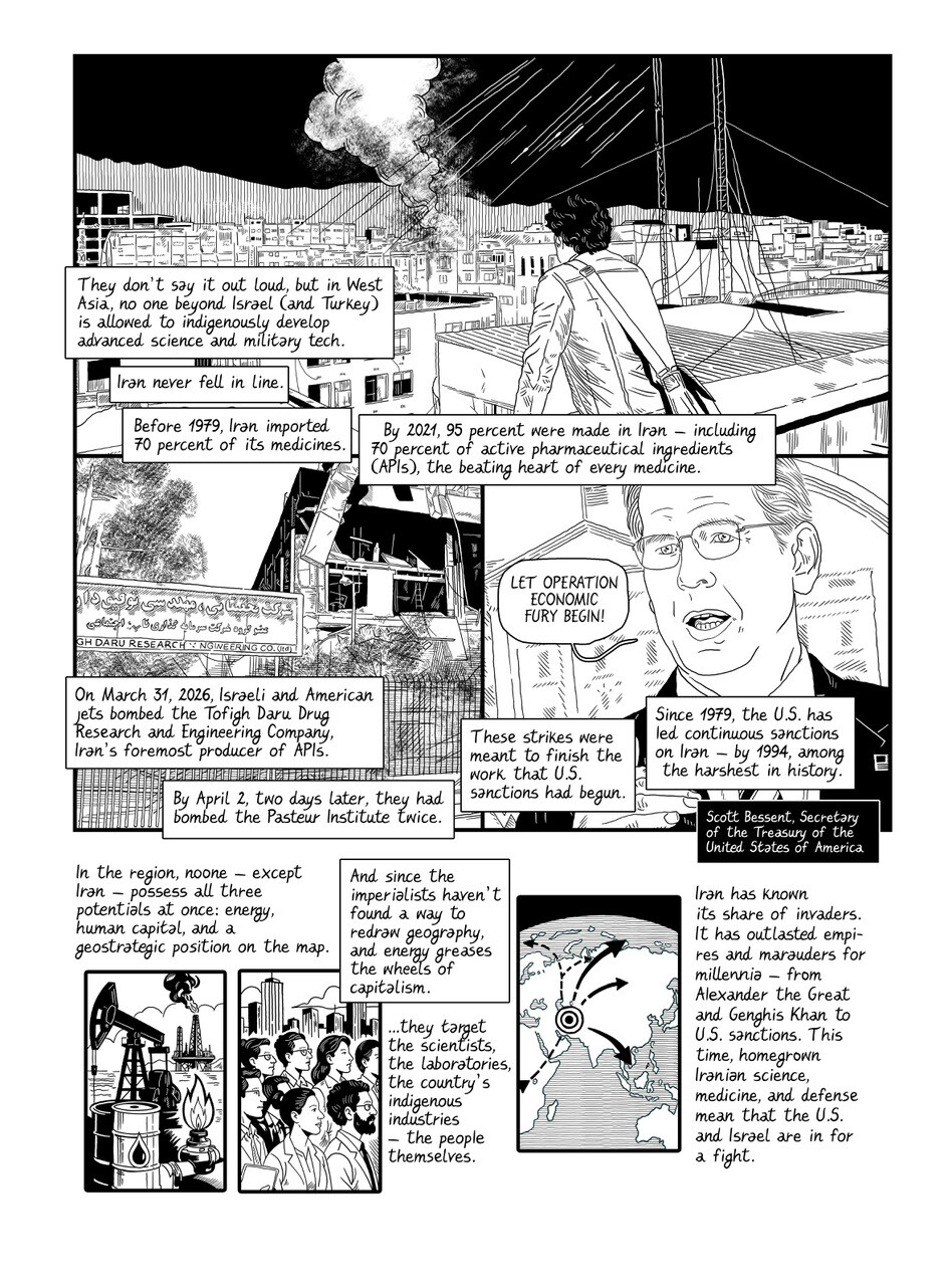 The second page of the black-and-white comic, focusing on U.S. economic sanctions, domestic Iranian pharmaceutical production, and regional history.