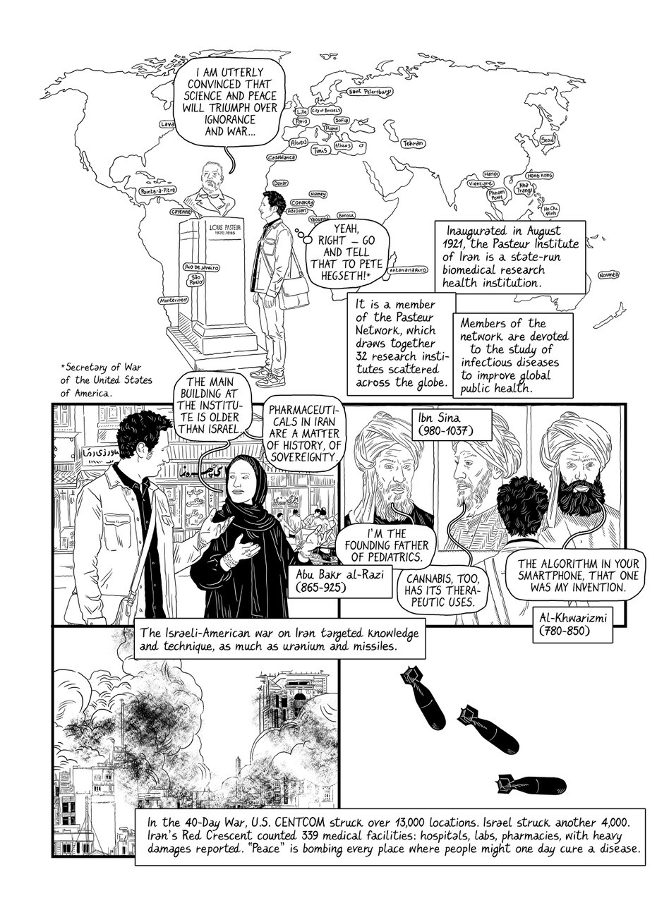 The first page of a black-and-white comic examining the impact of military conflict on Iranian science, healthcare, and historical legacy.