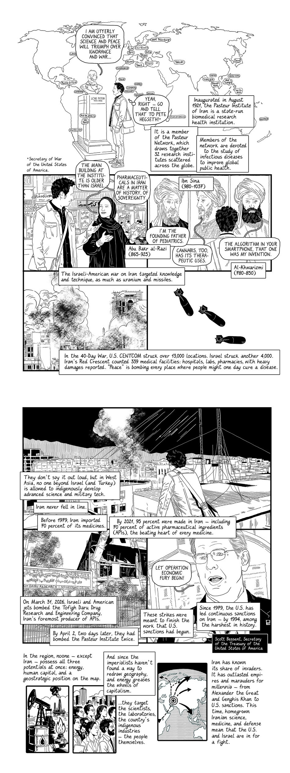 A black-and-white comic. The first page examines the impact of military conflict on Iranian science, healthcare, and historical legacy; the second page focuses on U.S. economic sanctions, domestic Iranian pharmaceutical production, and regional history. Art by Gianluca Costantini; script by Maziyar Ghiabi.
