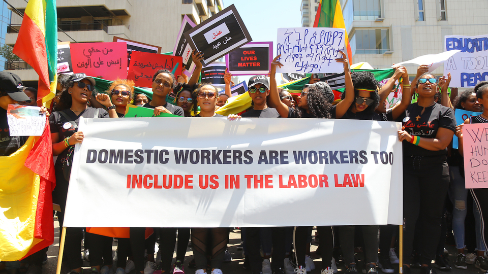  At the annual migrant workers' march, domestic workers demand the abolition of the sponsorship system. Beirut, Lebanon. May 5, 2019. (Hussein Baydoun/The Public Source)