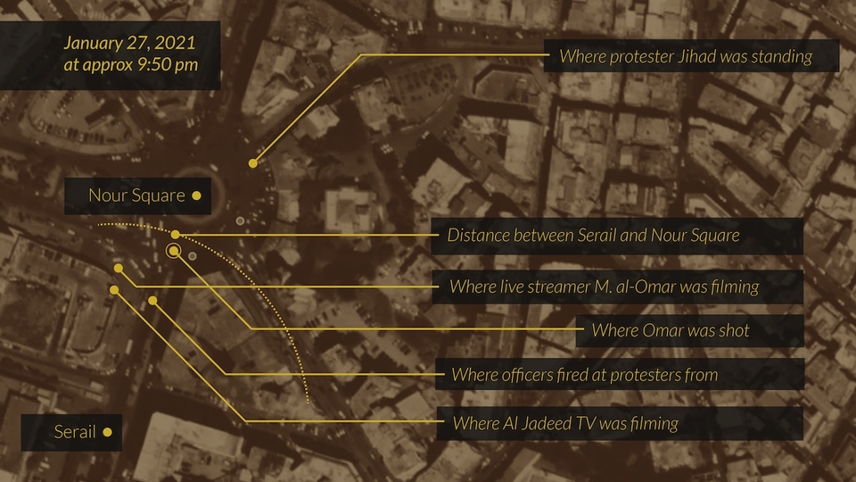 Map of Nour Square, at approximately 9:50 p.m. on the evening of January 27, when security forces fired live ammunition at protesters, showing locations of officers, television crew, a live streamer, and where eyewitnesses believe Omar was shot.