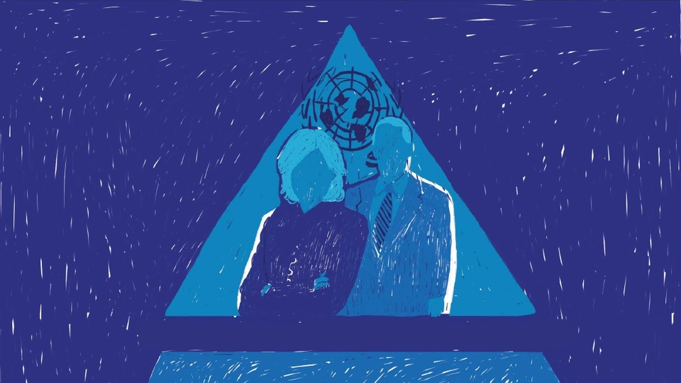 NGO representatives stand at the top of an organization's pyramidal structure, illustrated according to Haifa's experience of working in and with them. Source: Haifa’s Story in “Where to, Marie?” p. 31. Artist: Joan Baz.