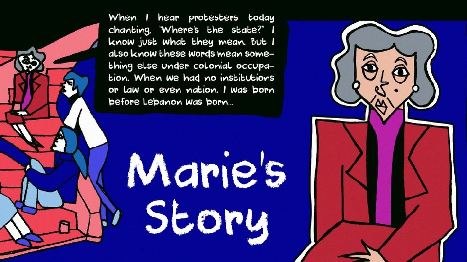 Marie, the eldest of the group, imparts some of her wisdom to the younger women who have collected to tell their stories. Source: Marie’s Story in “Where to, Marie?” p. 6. Artist: Rawand Issa.