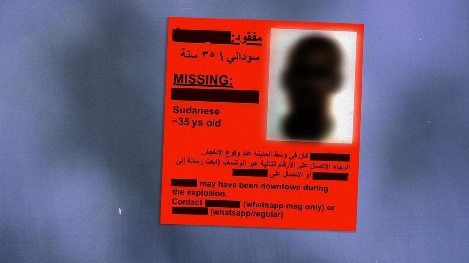 Anonymized missing person flyer that circulated online in the aftermath of the explosion. The man was found alive and well. August 2020. (The Public Source)