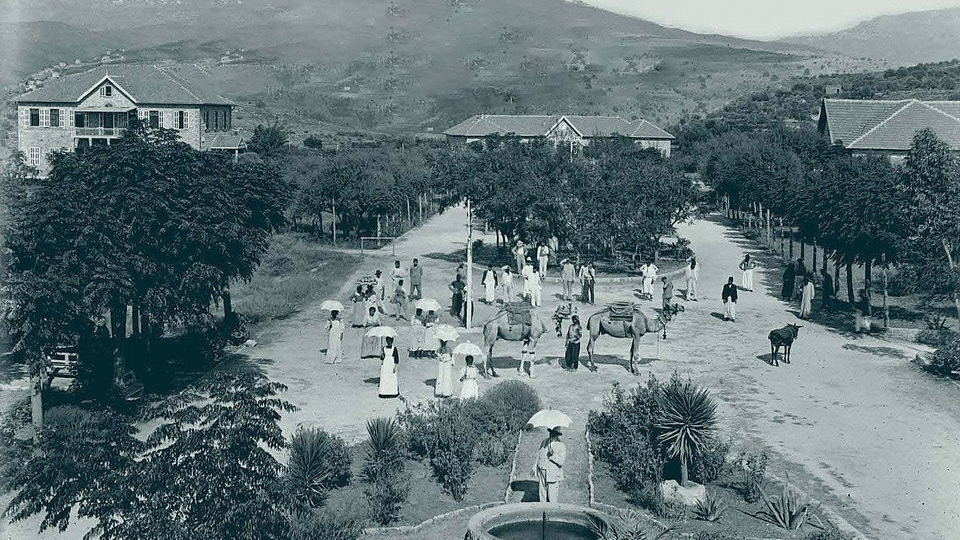 Panoramic view of Asfuriyyeh hospital in Hazmieh, ca. 1907. Lebanon